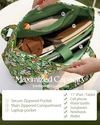 Miss Adola Quilted Shoulder Tote Bag with Zipper for Women | Multi-Pocket Storage, Quilted Cotton Texture, Large Capacity, Top Zipper Closure, 16 Inch Laptop Fit, Work Travel Teacher - color: Cats in Garden