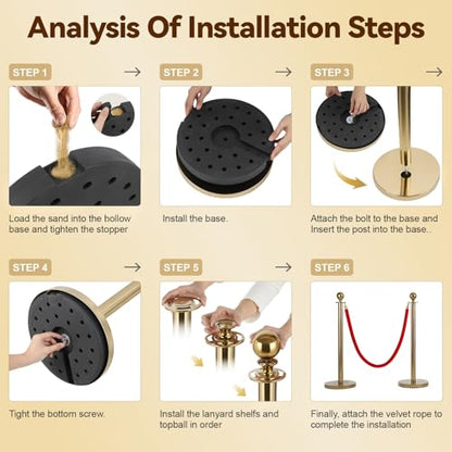6Pcs Golden Stanchion Posts with 4 Red Velvet Ropes,Crowd Control Barriers for Birthday High-end Venues,Water/Sand/Concrete Fillable Leakproof Base,Easy to Assemble Golden