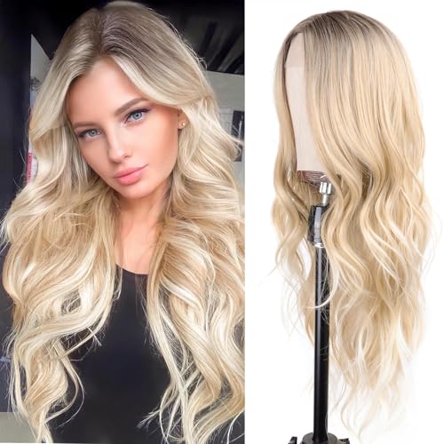 Aida ble Blonde Ombre Wig for Women 26inch Long Wavy Middle Part Wig | Natural Looking Synthetic Hair,Suitable for Daily Wear,Party,Halloween and Cosplay,Beginner-friendly,Lightweight and soft - color: Ombre Blonde