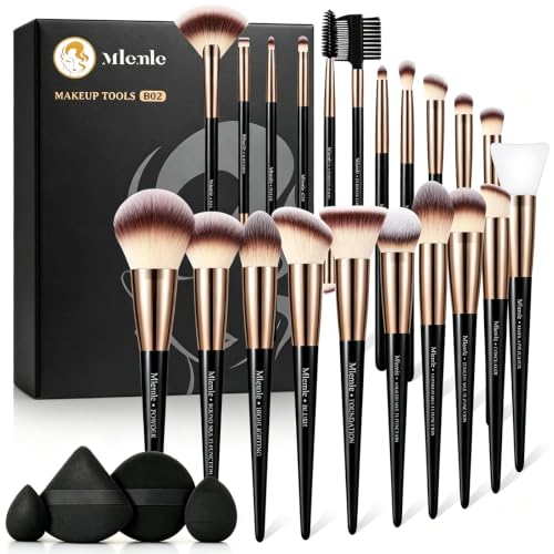 Makeup Brushes Set, Mlemle Professional 25 Pcs Makeup Kit, Include Powder Foundation Concealers Blush Eye shadows 21 Pcs Makeup Brushes and 2 Powder Puff, 2 Makeup Sponge(B02-CreamBlack) - color: CreamBlack