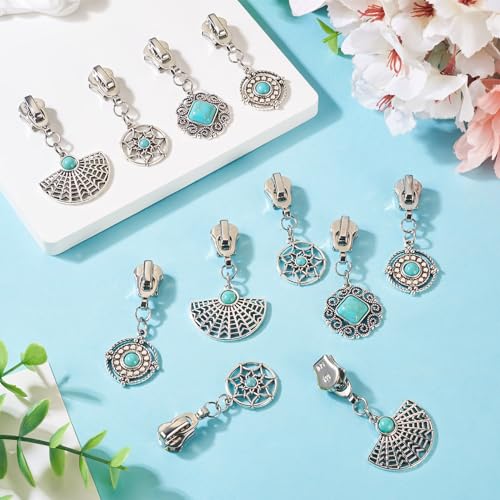 Sparkeads 16Pcs Turquoise Alloy Zipper Replacement Slider,Antique Silver Zippers Sliders for Sewing,Metal Zipper Pull Replacement for DIY Craft Bag Luggage Clothing Wallet Jacket Supplies-Circular - style: Circular