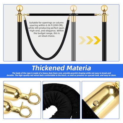 2 Pack 6.5FT/2M Velvet Stanchion Rope, Black Crowd Control Safety Barriers with Polished Gold Lobster Hooks for Movie Theater, Queue Barrier, Grand Openings, Hotel Celebration, Carpet Event - color: Black