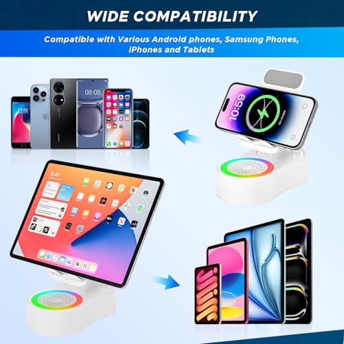 Cell Phone Stand with Bluetooth Speaker - Wireless Bluetooth Speaker with 360° Rotatable Phone Holder, Multifunctional Adjustable Stand with Charging Compatible with Tablet for Home Desk (White) - color: White