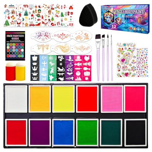 OMOV Face Painting Kit for Kids & Adults,12 x 10g Non Toxic, Water Based Face Paint Palette, With Glow Stickers, Stencils & Brushes,for Cosplay,Parties, Theater,Stage,Christmas & Halloween Makeup Kit - color: Color Carnival