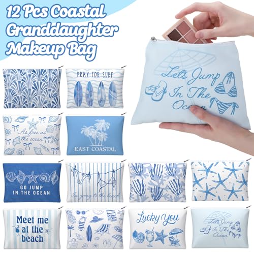 Reginary 12 Pcs Beach Themed Gifts Ocean Cosmetic Bags Coastal Makeup Bags | Seashell Portable Travel Toiletry Pouches for Women, Nautical Party Favor, Vacation Travel Supplies, Bachelorette Accessories - style: Coastal