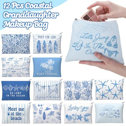Reginary 12 Pcs Beach Themed Gifts Ocean Cosmetic Bags Coastal Makeup Bags | Seashell Portable Travel Toiletry Pouches for Women, Nautical Party Favor, Vacation Travel Supplies, Bachelorette Accessories - style: Coastal