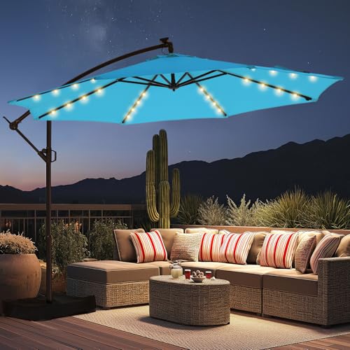 10 FT Solar LED Cantilever Patio Umbrella with Base Included, Light Blue | Premium 220GSM Solution-Dyed Fabric, 5-Year Fade-Resistant, 30 MPH Windproof, 45° Infinite Tilt and Crank for Outdoor Pool - color: Light Blue