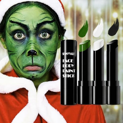 SUNNYVALE 3pcs of Black, White and Green Facial and Body Painting Sticks, Hypoallergenic Foundation, Suitable for Skeletons, Witches, Zombies, Monsters, Cosplay, SFX Halloween Makeup Kit - color: White & Black & Green