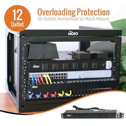 Tecmojo 1U Rackmount Network-Grade PDU, 12 Wide-Spaced Right Angle Outlets, Circuit Breaker 12A (UL Certified 12A) 6ft Cord w/ 5-15P Plug, Black - size: 12 Outlets/12A/Overloading Protection