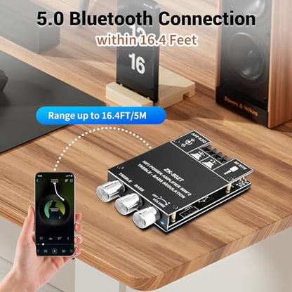 Daakro ZK-502T Bluetooth Amplifier Board,50W+50W 2.0 Channel Amp Board with Treble and Bass Control,DC 12-24V, Bluetooth and AUX Inputs, Audio Amp Board for Home DIY Wireless Speakers, Password Free - color: ZK-502T