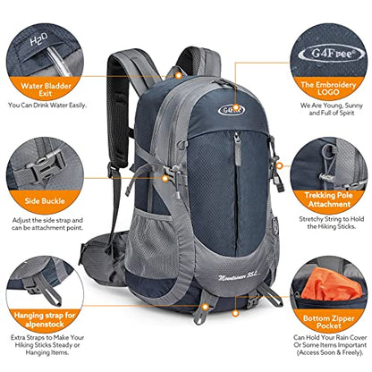 G4Free 35L Hiking Backpack for Women Men, Water Resistant Outdoor Sports | Nylon Water Resistant, 35L (19.7"*12.6"*8.7"), Camping, Climbing, Travel Daypack, Lightweight backpack with Rain Cover - color: Grey / Blue