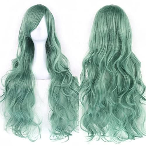 IMISSU 80cm Long Curly Natural Hair Cosplay Wig with Bangs Colorful Halloween Costume Party Wigs for Women (Light Green) - color: Light Green
