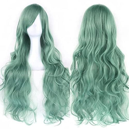 IMISSU 80cm Long Curly Natural Hair Cosplay Wig with Bangs Colorful Halloween Costume Party Wigs for Women (Light Green) - color: Light Green