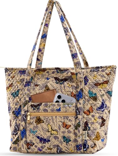 Miss Adola Quilted Shoulder Tote Bag with Zipper for Women | Multi-Pocket Storage, Quilted Cotton Texture, Large Capacity, Top Zipper Closure, 16 Inch Laptop Fit, Work Travel Teacher - color: Butterfly Line