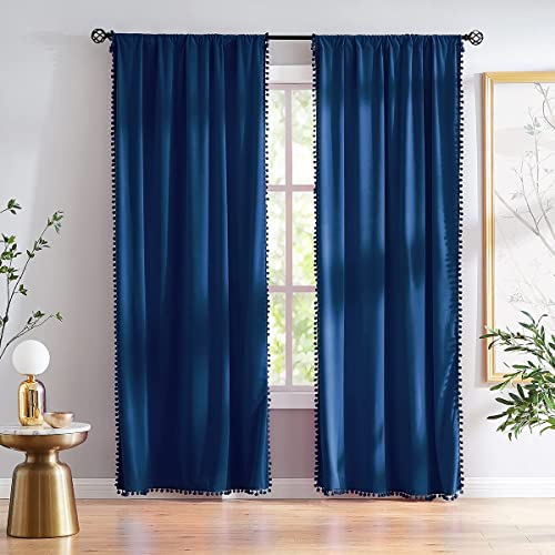Treatmentex Pom-Pom Blue Velvet Curtains for Living Room 63" Luxury Room Darkening Cotton Feel Soft Classic Navy Royal Blue Window Curtain Panels 2PC - color: Pom Pom- Navy(royal Blue), size: 42"W x 63"L (Pack of 2)