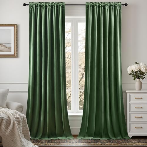 Olive Green Blackout Velvet Curtains 84 Inches for Bedroom Drapes Back Tab | Soundproof, Thermal Insulated, Super Soft Luxury Velvet, Living Room, Room Darkening, Rod Pocket, 52W x 84L, 2 Panels - color: Olive Green, size: 52"W x 84"L (Pack of 2)