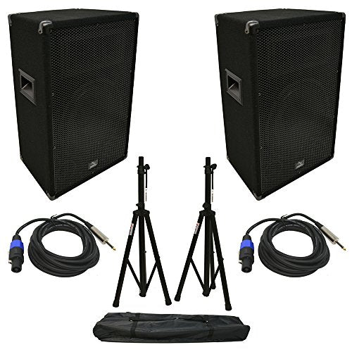 Harmony Audio 12" Passive DJ Speakers with Stands Pair 450W PA Cabinets | Includes Speakon to jack cables, rugged 2-way build, full live sound package for bands clubs and mobile events, 12 inch size