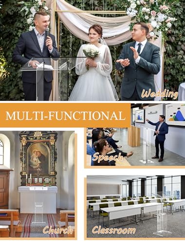Acrylic Podium Stand with Storage Shelf, 45.5" Modern Clear Lectern with Reading Platform for Classroom, Weddings, Conference, Concert, Professional Presentation Podiums - color: White