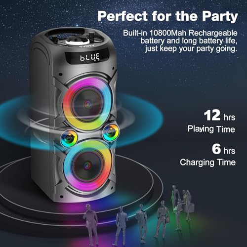 Karaoke Machine with 2 Wireless Microphones, Portable PA System Big Bluetooth Speaker with LED Lights, Remote Control Support Bass/Treble Adjustment, TF Card/USB, REC for Adult Kids Home Party