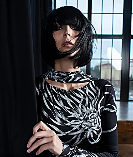 LIULIUBTY Short Bob Hair Wigs Straight with Flat Bangs Synthetic Colorful Cosplay Daily Party Neon Wig for Women + Free Wig Cap 16" Natural As Real - color: Black