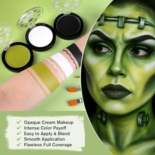 White Foundation + Black Green Face Body Paint with Painting Brushes Halloween Makeup Set, Kids Adults Facepaint Kit for Witch Monster Grinch Shrek Hulk Alien Special Effects Make Up Cosplay Party - color: Black+White+Ogre Green