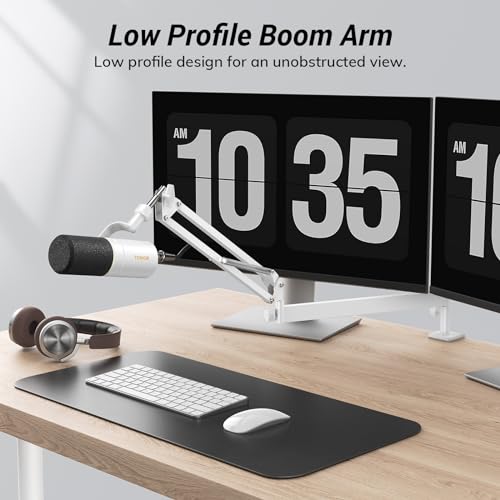 Tonor Mic Arm Desk Mount, Low Profile Boom Arm for Microphone, Adjustable Mic Stand with Desk Mount Clamp, 3/8’’ and 5/8’’ Screwadapter for Most Micr, 38 cm +35 cm(15''+14''), White, T20LP - color: White, style: Visible Spring