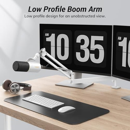 Tonor Mic Arm Desk Mount, Low Profile Boom Arm for Microphone, Adjustable Mic Stand with Desk Mount Clamp, 3/8’’ and 5/8’’ Screwadapter for Most Micr, 38 cm +35 cm(15''+14''), White, T20LP - color: White, style: Visible Spring