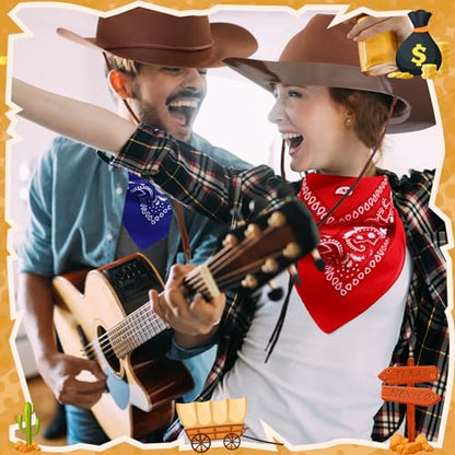 Hillban 48 Pack Cowboy Hats and Bandanas Set, Felt Plastic Cowgirl Hats for Women Men Cowboy Western Party Supplies(Brown, Red, Blue) - color: Brown, Red, Blue