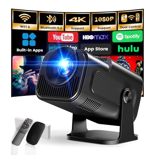 Mini Projector with WiFi and Bluetooth Support 4K & 1080P Smart Projector | Built-in Apps Portable Projector 180°Rotatable Auto Keystone, Compatibile with HDMI/TV Stick/Memory Stick/Laptop, Black - color: Black