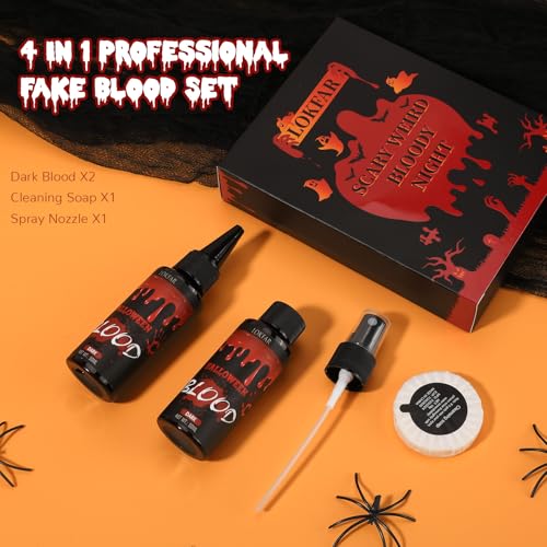 4 IN 1 Fake Blood Kit，Fake Blood 1.69oz X2 + Spray Head+Dripping Head+Cleaning Soap【Washable】【Realistic Effect】【Skin Friendly】Professional Fake Blood Makeup Kit For Halloween/Cosplay，DarkX2 - color: Dark+Dark