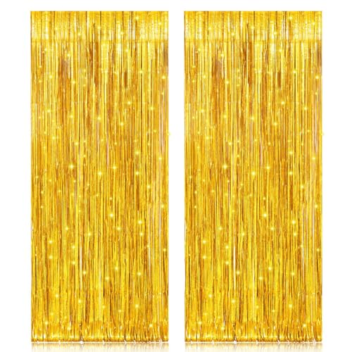 PIGETALE 2 Pack 3.2ft x 8.2ft Gold Metallic Foil Curtains | Laser Glitter Fringe Curtain Photo Booth Backdrop Tinsel Curtain Streamer Birthday Wedding Christmas Event Party Supplies - color: Gold