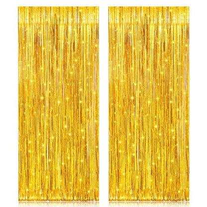 PIGETALE 2 Pack 3.2ft x 8.2ft Gold Metallic Foil Curtains | Laser Glitter Fringe Curtain Photo Booth Backdrop Tinsel Curtain Streamer Birthday Wedding Christmas Event Party Supplies - color: Gold