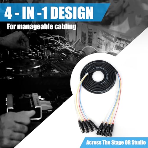 Toronce 4 Channel Professional Multi-Media Snake Cable 4 Pairs Male to Female 3 Pin XLR Balanced Audio Extension Cable (25Feet) - size: 4-Channel _25Ft