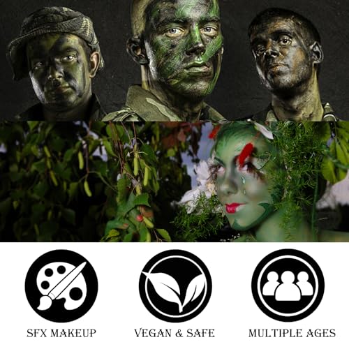 Black Brown Green Face & Body Paint - Blendable Facepaint Foundation with Sponge & Brush for Skin, Professional Halloween Face Make-up Kit for Camo Hunting Army Military Deer Camouflage Dirt Costume - color: 07 Camo/Hunting