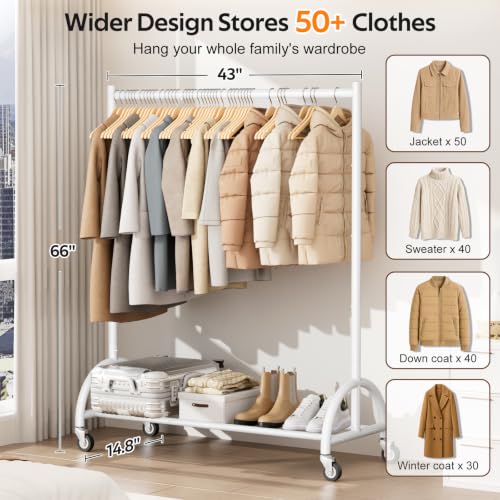 MISSLO Heavy Duty Clothing Rack with Wheels Rolling Clothes Racks for Hanging Clothes, Coats, Garment, Dress, White - color: White, size: 43"W x 14.8"D x 66"H (Large)