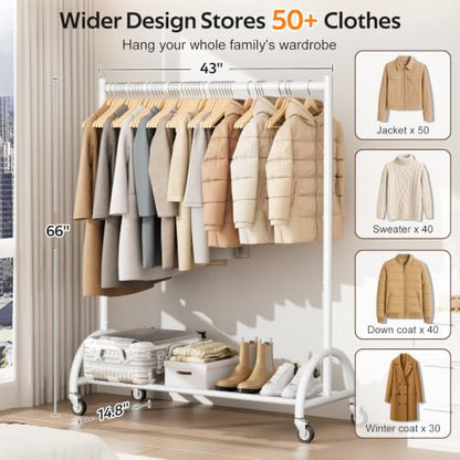 MISSLO Heavy Duty Clothing Rack with Wheels Rolling Clothes Racks for Hanging Clothes, Coats, Garment, Dress, White - color: White, size: 43"W x 14.8"D x 66"H (Large)