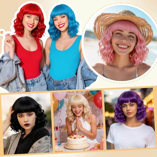 Blonde Wavy Bob Wig with Bangs Heart Sunglasses for Women, Funny Hair Replacement Curly Bob Synthetic Wigs with Hair Cap for Cosplay Costume Bachelorette 80s Retro Party Birthday Fancy Dress - color: Blonde