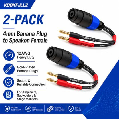 Speaker Cable Adapter, Banana Plug to Speakon Female Cable, 6 Inch 12AWG OFC Speaker Adapter Cable Male to Female for Amplifier PA System Stage Monitor Home Theater Live Sound (2-Pack)