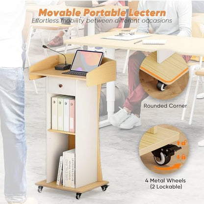 Portable Podium Stand with Metal Wheels, Rolling Podium with Drawer and Adjustable Shelf, Mobile Pulpit for Church, Wooden Lectern for Classroom Office Restaurant Conference (Oak White) - color: Oak+white