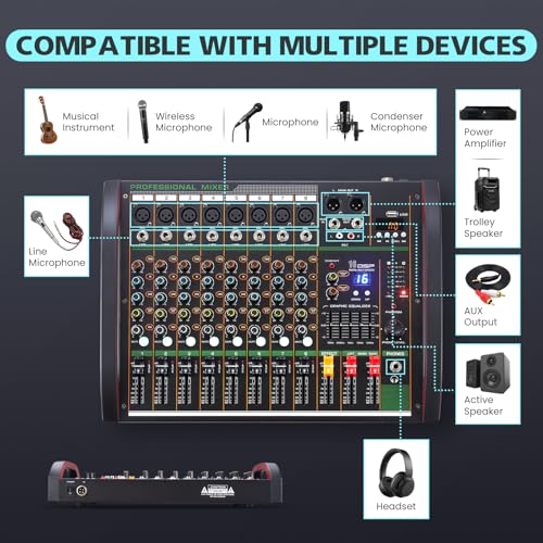 Audio Mixer 8 Channel, Professional Music Sound Mixer Board with 48V Phantom Power, Digital DJ Mixing Console with Reverb USB Port Bluetooth for Recording Karaoke Podcasting