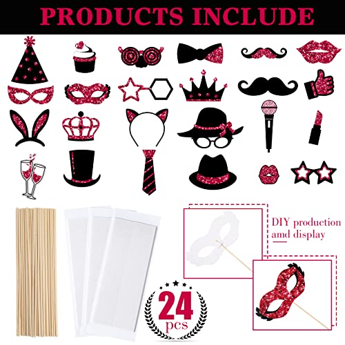 Zonon 24 Pcs Photo Booth Props Set Black Gold Birthday,Burgundy and Black | Props on Sticks for Wedding, Reunion, Prom, Includes Mustache, Hats, Glasses, Ties, Lips, Crowns, Fun Party Accessories - color: Burgundy and Black