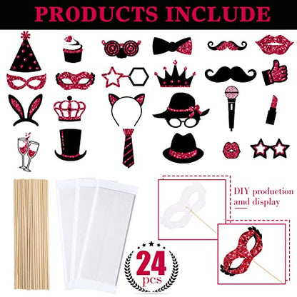 Zonon 24 Pcs Photo Booth Props Set Black Gold Birthday,Burgundy and Black | Props on Sticks for Wedding, Reunion, Prom, Includes Mustache, Hats, Glasses, Ties, Lips, Crowns, Fun Party Accessories - color: Burgundy and Black