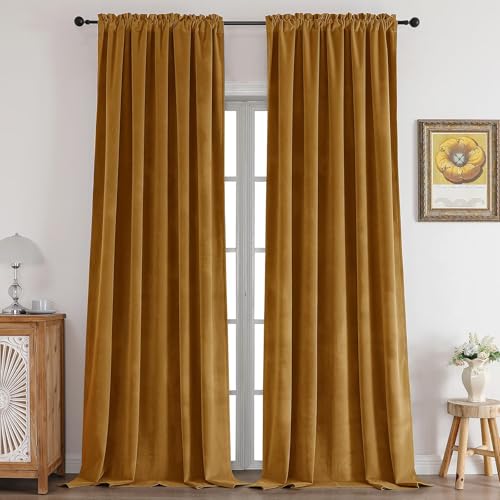 CUCRAF Gold Brown Velvet Curtains 84 inches Long, Soft Room Darkening Rod Pocket Blackout Curtain, Thermal Insulated Noise Reduction Window Drapes for Living Room Bedroom (52 x 84 Inch, 2 Panels) - color: Gold, size: 52"W x 84"L (Pack of 2)