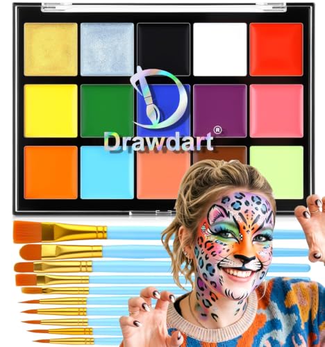 Drawdart Face Body Paint Kit, 15 Colors Palette with 10 Artist Brushes, Facepaint Makeup Kit for Soccer Tournaments & Game Day Fans, Halloween SFX Cosplay Costume Parties - color: 15 Colors Kit（10 Brushes）