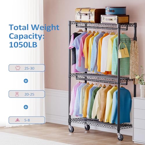 IZEUK Heavy Duty Rolling Garment Rack Wire Clothes Rack for Hanging Clothes (Black, 3 Tier with 2 Rod, 15.7" D x 45.3" W x 79.6" H) - color: Black, size: 3 Tier with 2 Rods, 15.7"D x 45.3"W x 79.6"H