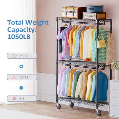 IZEUK Heavy Duty Rolling Garment Rack Wire Clothes Rack for Hanging Clothes (Black, 3 Tier with 2 Rod, 15.7" D x 45.3" W x 79.6" H) - color: Black, size: 3 Tier with 2 Rods, 15.7"D x 45.3"W x 79.6"H