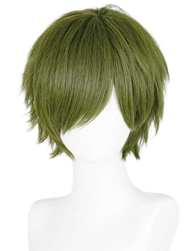 LABEAUTÉ Short Dark Green Anime Cosplay Wig Male Men Anime Layered Unisex Heat Resistant Hair Wig with Bangs for Party and Halloween for Gift + Free Cap - color: Dark Green