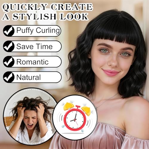 Black Wavy Bob Wig with Heart Glasses for Women, Neon Party Hair Replacement Curly Synthetic Wigs Shoulder Length Hair with Hair Cap for Costume Cosplay Bachelorette Party Birthday Fashion Show - color: Black
