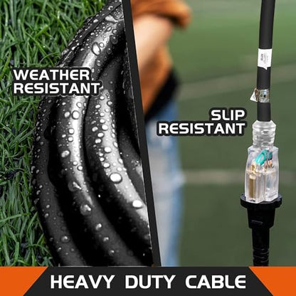 8 Ft Black Outdoor Extension Cord with Lighted End Weatherproof 10 Gauge | UL Certified 10/3 SJTW Cable, 15A Rated, Suitable for Heavy Duty Tools, Garden and Outdoor Use - size: 8FT, style: 10/3