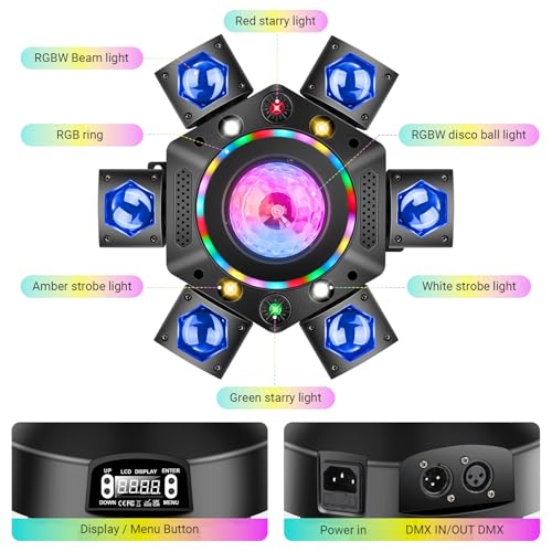Moving Head DJ Light for Party 150W 6-Arm Remote Control | Disco Ball, LED RGB Ring, Red Green Starry, Strobe Multi Effects. DMX512 Sound Activated. For Stage, Wedding, Club, Events